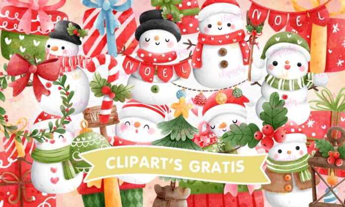 Cliparts, Navidad, munecos de nieve, regalos, watercolor