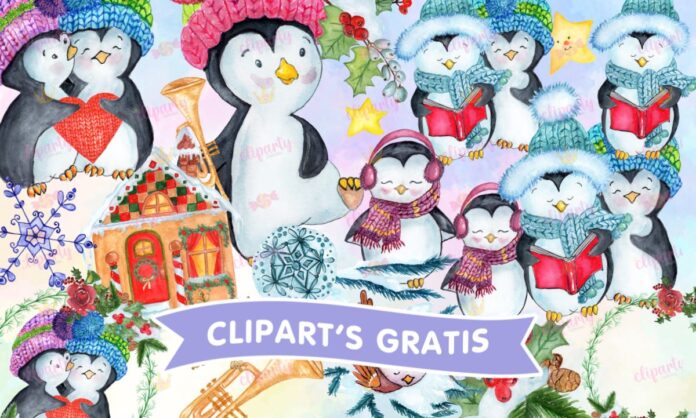 Cliparts, Navidad, animales, pinguinos, ornamentas, watercolor