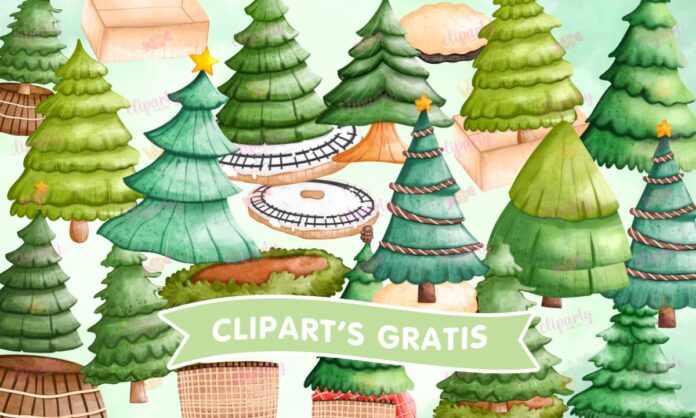 Cliparts, Navidad, pinos, nieve, bases, watercolor