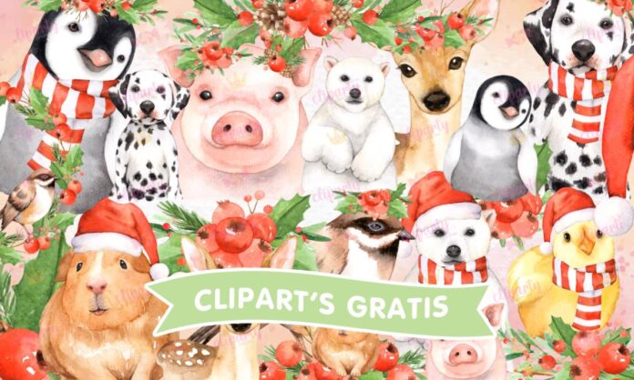 Cliparts, Navidad, animales, perros, venados, floral, watercolor