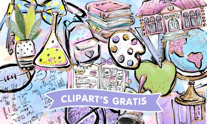 Cliparts, Escuela, objetos, balon, libros, mochila, glitter