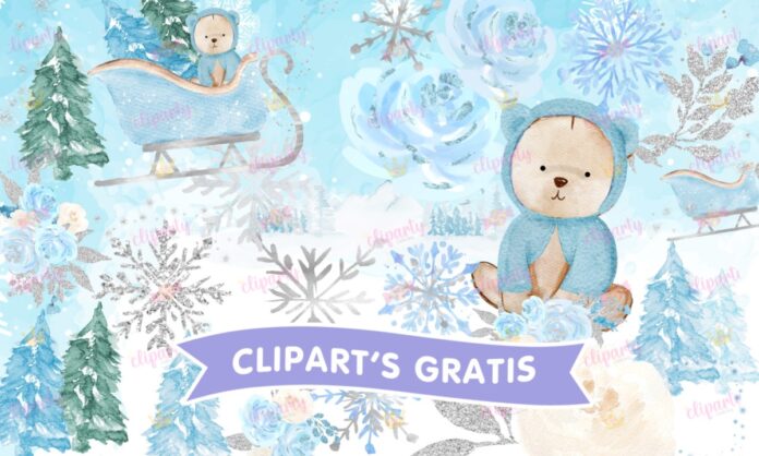 Cliparts, Navidad, oso, pinos, trineo, watercolor, glitter