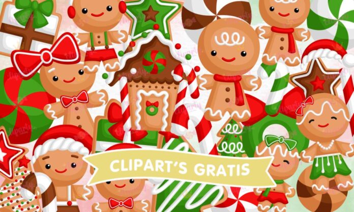 Cliparts, Navidad, galletas de jengibre, pinos, dulces, regalos