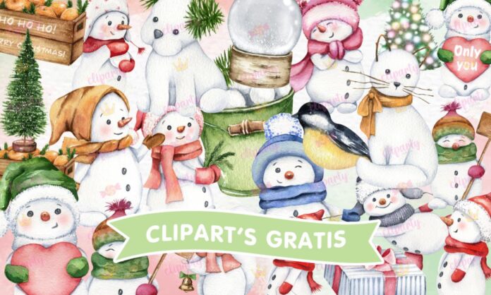 Cliparts, Navidad, muñecos de nieve, pinos, luces watercolor