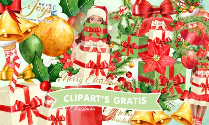 Cliparts, Navidad, chica, regalos, esferas, campanas, watercolor