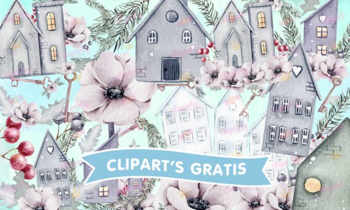 Cliparts, Navidad, casas, llaves, floral, fondos, watercolor