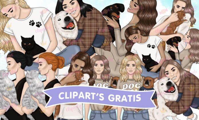 Cliparts, Amor y Amistad, chicas, mascotas, perros, gatos