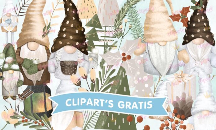 Cliparts, Navidad, duendes, pinos, regalos, flores