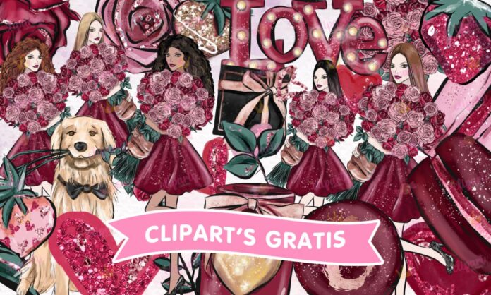 Cliparts, Amor y Amistad, chicas, flores, perrito, glitter