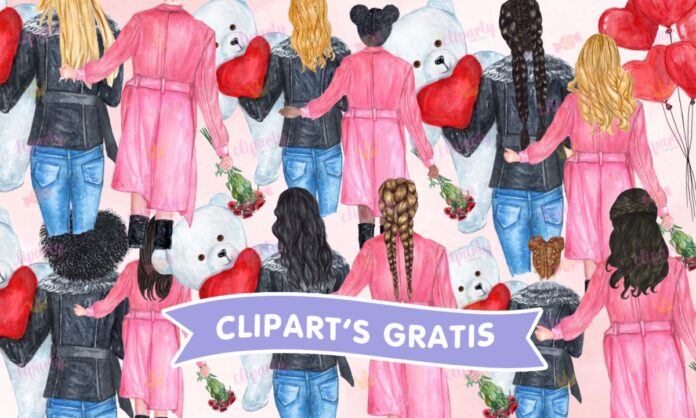 Cliparts, Amor y Amistad, chicas, globos, peluches, rosas, watercolor