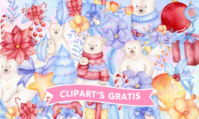 Cliparts, Navidad, osos polares, regalos, pinos, ornamentas