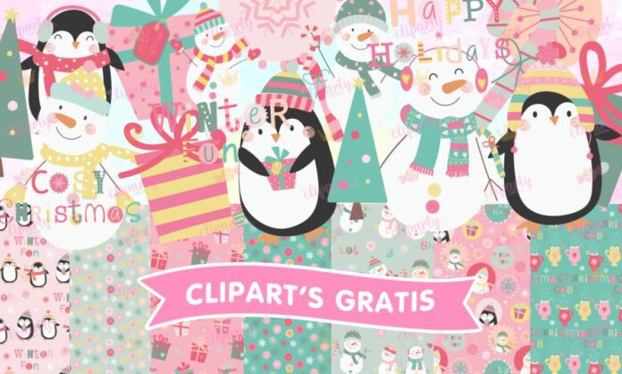 Cliparts, Navidad, pinguinos, munecos de nieve, regalos, pinos, papeles