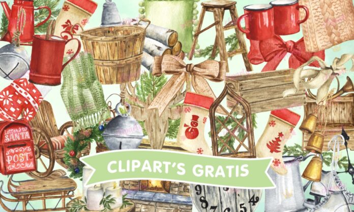 Cliparts, Navidad, objetos, chimenea, pino, watercolor