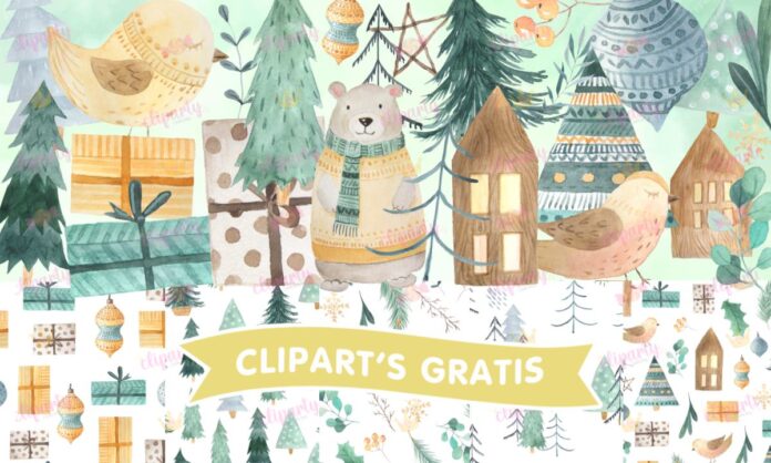 Cliparts, Navidad, bosque, pinos, regalos, papeles, watercolor