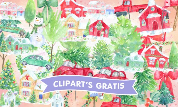 Cliparts, casas, carros, pinos, nieve, watercolor