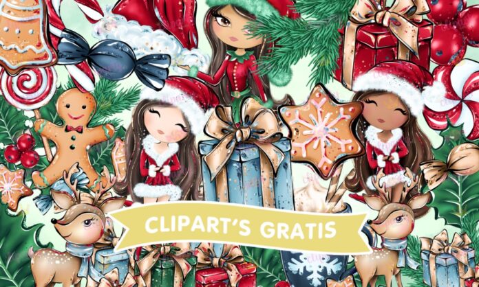 Cliparts, Navidad, chicas, galletas, regalos, renos, glitter