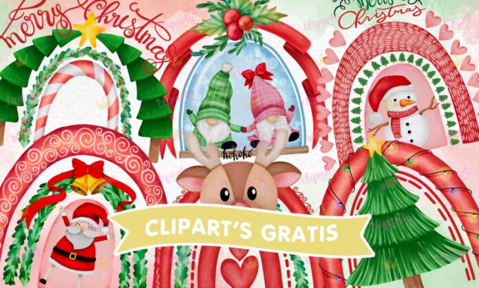 Cliparts, Navidad, arcoiris, ornamenta, reno, pinos, colores