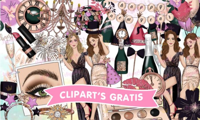 Cliparts, Ano Nuevo, chicas, maquillaje, globos, floral