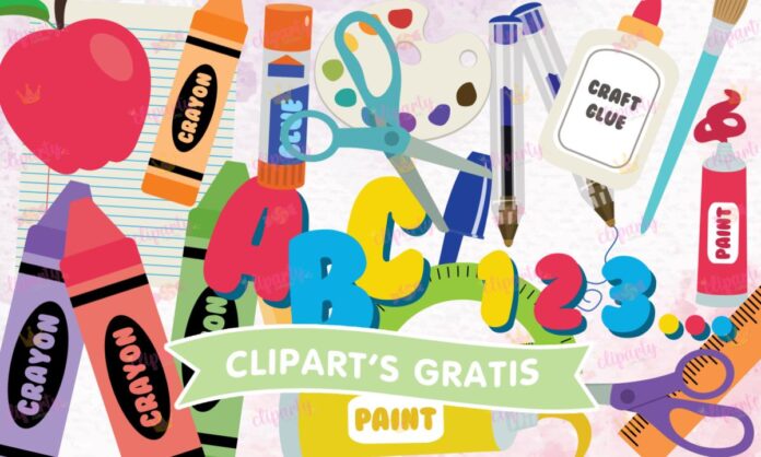 Cliparts, Escuela, objetos, crayones, tijeras, pegamento