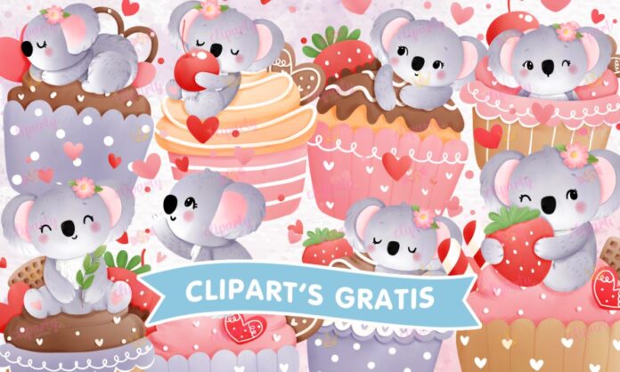 Cliparts, Amor y Amistad, koalas, cupcake, watercolor