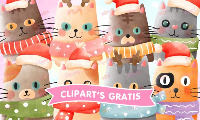 Cliparts, Navidad, animales, gatitos, bufanda, watercolor