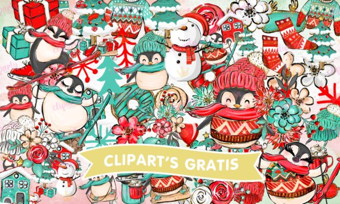 Cliparts, Navidad, pinguinos, calcetines, pinos, floral, glitter