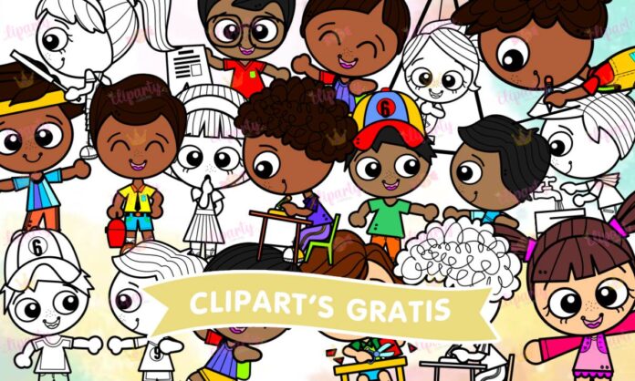 Cliparts, Escuela, niños, actividades, juegos, blanco y negro