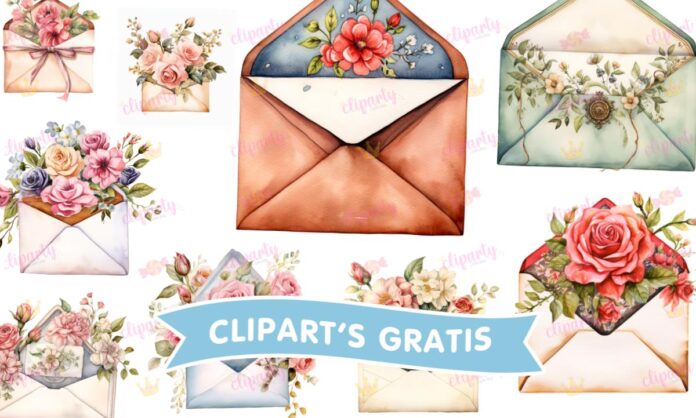 Cliparts, Amor y Amistad, sobres, floral, watercolor