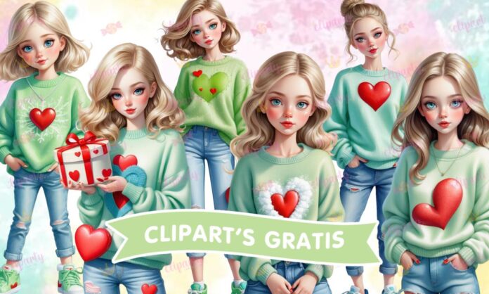 Cliparts, chicas, San Valentín, corazones, amor