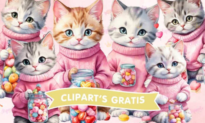 Cliparts, Animales, gatos, dulces, watercolor