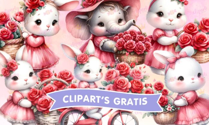 Cliparts, Animales, conejos, flores, rosas