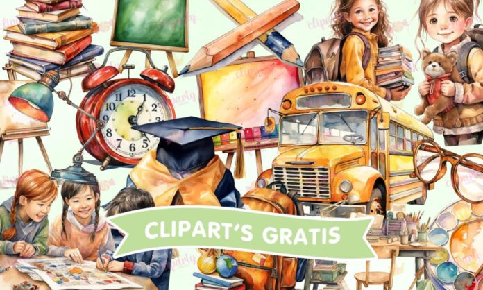 Cliparts, Escuela, objetos, ninas, libros, watercolor