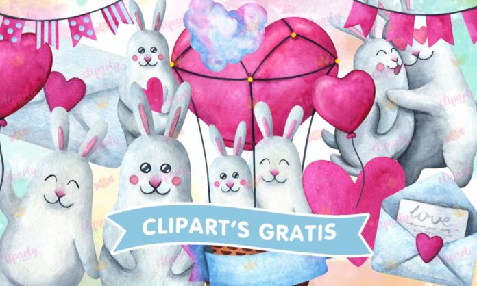 Cliparts, Amor y Amistad, conejos, globos, watercolor