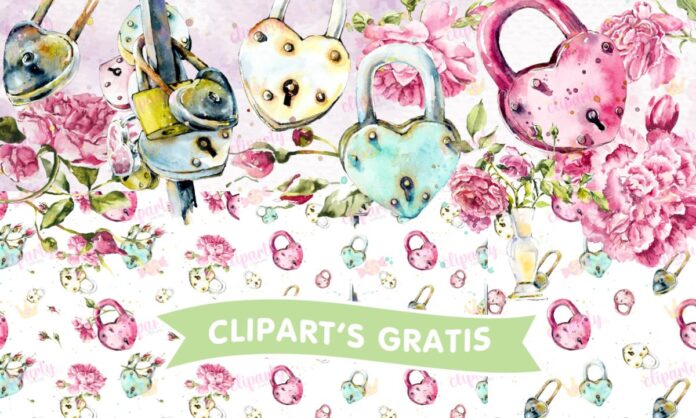 Cliparts, Floral, amor y amistad, candados, papeles, watercolor