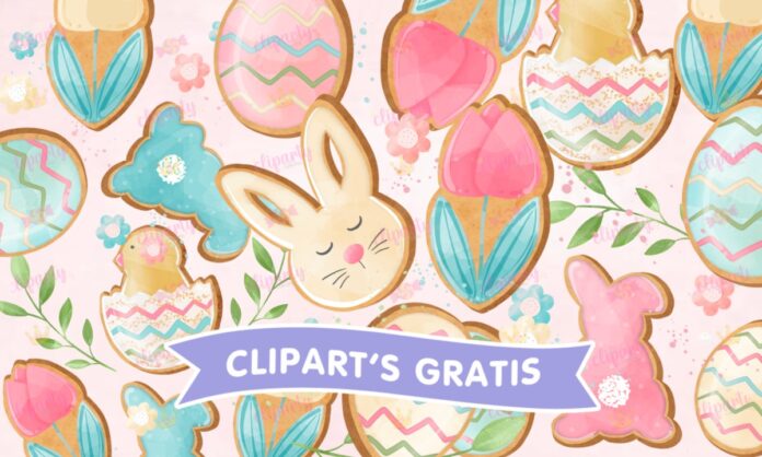 Cliparts, Pascua, galletas, conejo, huevos, floral, watercolor