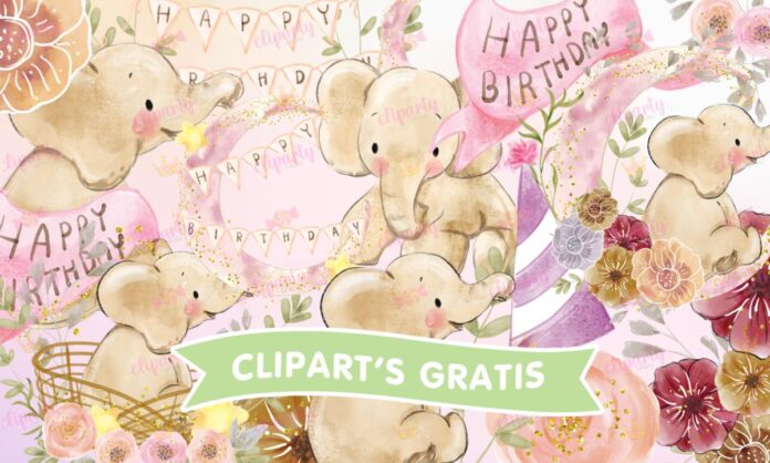 Cliparts, Cumpleanos, bebes, elefante, floral, watercolor