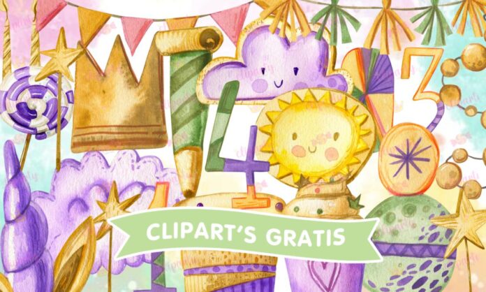 Cliparts, Cumpleanos, objetos, regalos, pastel, watercolor