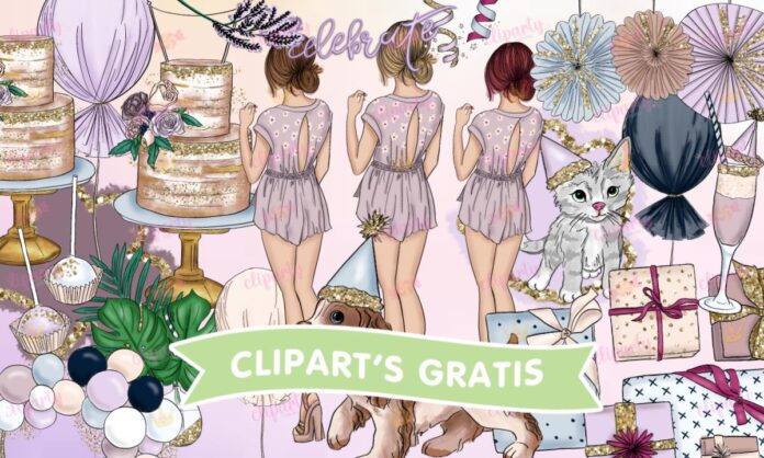 Cliparts, Cumplenos, chicas, pastel, regalos, glitter