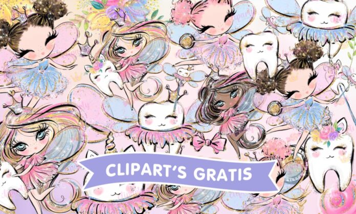 Cliparts, Hadas, ninas, dientes, floral, glitter