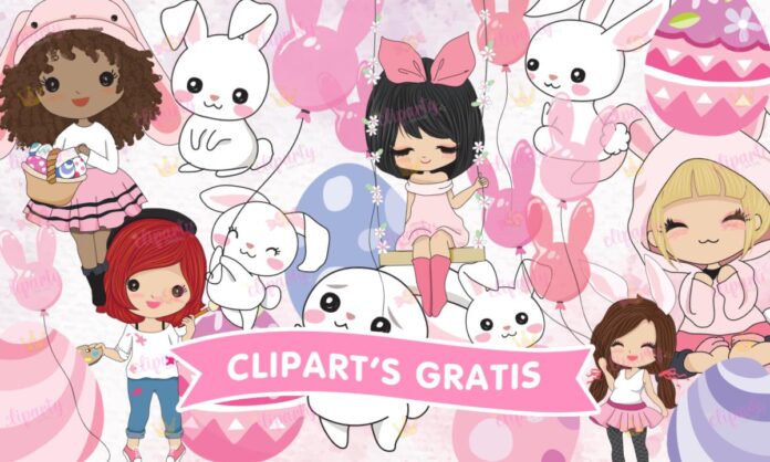 Cliparts, Pascua, conejos, niñas, globos