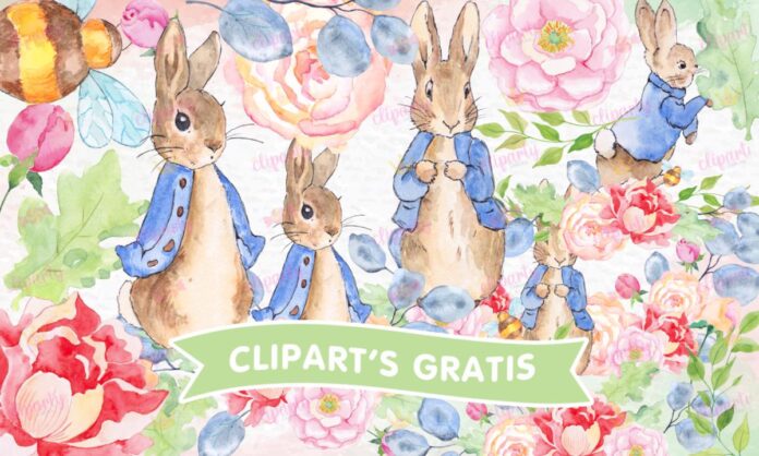 Cliparts, Pascua, conejos, floral, watercolor