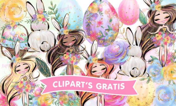 Cliparts, Pascua, ninas, huevos de pascua, floral, glitter