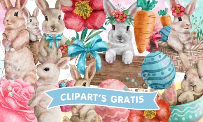 Cliparts, Pascua, conejos, huevos, flores