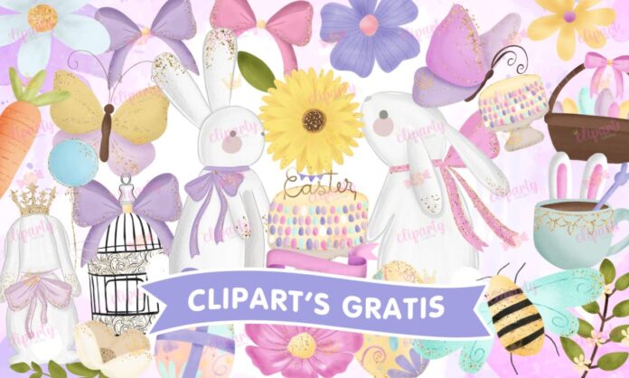 Cliparts, Pascua, conejos, globos, floral, glitter