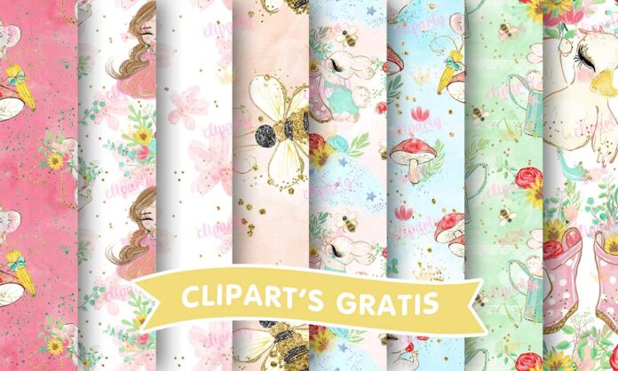 Papeles, Primavera, ninas, conejos, floral, glitter