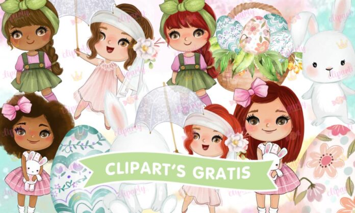 Cliparts, Pascua, ninas, conejos, canasta