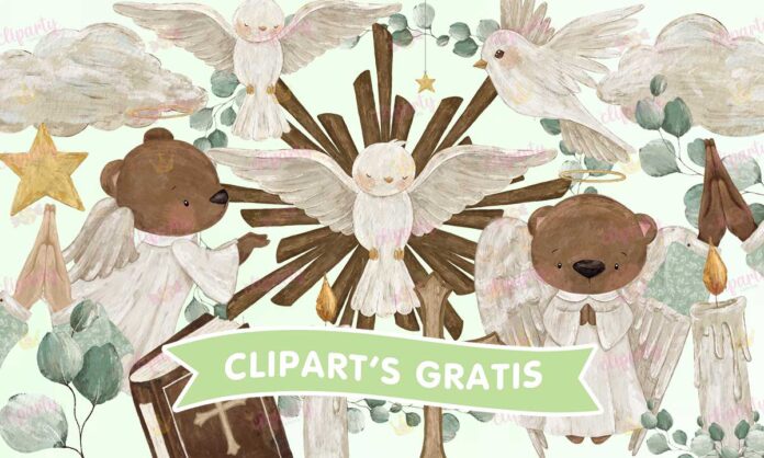 Cliparts, Bautizo, osos, palomas, watercolor