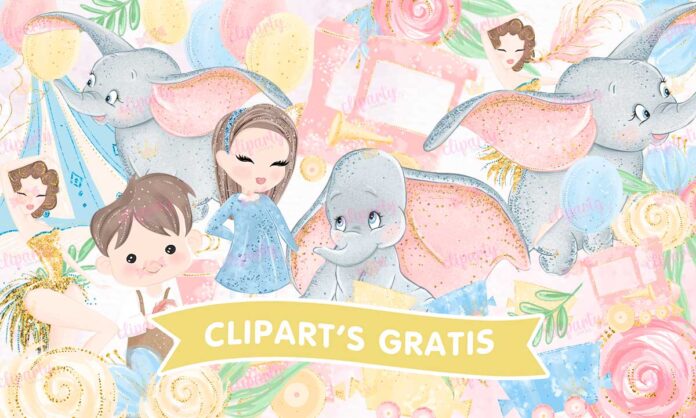 Cliparts, Peliculas, circo, Dumbo, watercolor, glitter