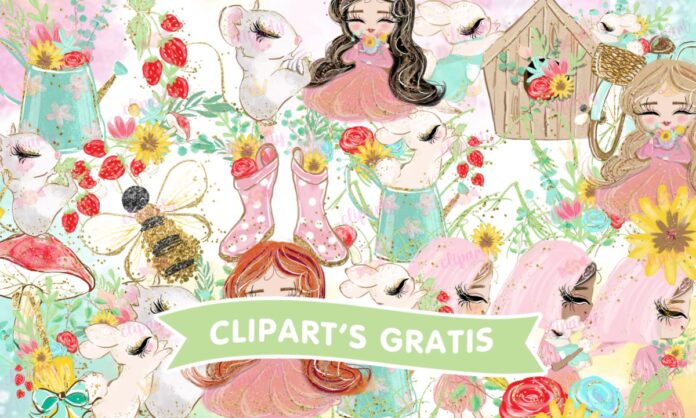 Cliparts, Primavera, niñas, conejos, floral, glitter