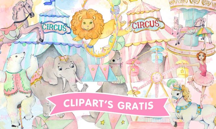 Cliparts, Circo, animales, carpa, watercolor